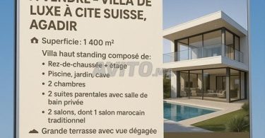 À vendre : Villa de Luxe à Citi Suisse, Agadir - 4 Chambres, 3 Salles de Bain, 1400 m²
Demandez le prix, Agadir.
